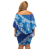Vintage Blue Polynesia Off Shoulder Short Dress Plumeria With Hibiscus Tropical Vibes LT14 - Polynesian Pride