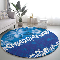 Vintage Blue Polynesia Round Carpet Plumeria With Hibiscus Tropical Vibes