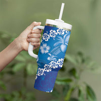 Vintage Blue Polynesia Tumbler With Handle Plumeria With Hibiscus Tropical Vibes LT14 - Polynesian Pride