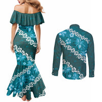 Vintage Dark Cyan Polynesia Couples Matching Mermaid Dress and Long Sleeve Button Shirt Plumeria With Hibiscus Tropical Vibes