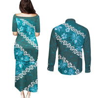 Vintage Dark Cyan Polynesia Couples Matching Puletasi and Long Sleeve Button Shirt Plumeria With Hibiscus Tropical Vibes LT14 - Polynesian Pride