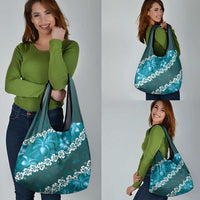 Vintage Dark Cyan Polynesia Grocery Bag Plumeria With Hibiscus Tropical Vibes LT14 - Polynesian Pride