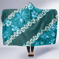 Vintage Dark Cyan Polynesia Hooded Blanket Plumeria With Hibiscus Tropical Vibes LT14 One Size Dark Cyan - Polynesian Pride