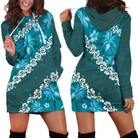 Vintage Dark Cyan Polynesia Hoodie Dress Plumeria With Hibiscus Tropical Vibes LT14 - Polynesian Pride