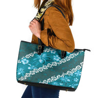 Vintage Dark Cyan Polynesia Leather Tote Bag Plumeria With Hibiscus Tropical Vibes LT14 Dark Cyan - Polynesian Pride
