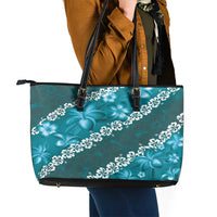 Vintage Dark Cyan Polynesia Leather Tote Bag Plumeria With Hibiscus Tropical Vibes LT14 - Polynesian Pride