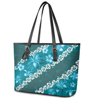 Vintage Dark Cyan Polynesia Leather Tote Bag Plumeria With Hibiscus Tropical Vibes LT14 - Polynesian Pride