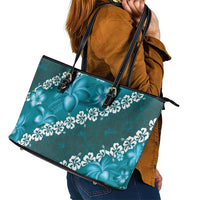 Vintage Dark Cyan Polynesia Leather Tote Bag Plumeria With Hibiscus Tropical Vibes LT14 - Polynesian Pride