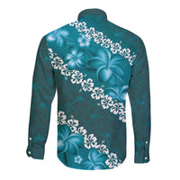 Vintage Dark Cyan Polynesia Long Sleeve Button Shirt Plumeria With Hibiscus Tropical Vibes