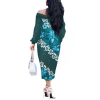 Vintage Dark Cyan Polynesia Off The Shoulder Long Sleeve Dress Plumeria With Hibiscus Tropical Vibes