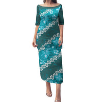 Vintage Dark Cyan Polynesia Puletasi Plumeria With Hibiscus Tropical Vibes LT14 Long Dress Dark Cyan - Polynesian Pride