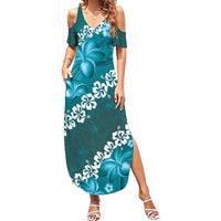 Vintage Dark Cyan Polynesia Summer Maxi Dress Plumeria With Hibiscus Tropical Vibes LT14 Women Dark Cyan - Polynesian Pride