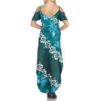 Vintage Dark Cyan Polynesia Summer Maxi Dress Plumeria With Hibiscus Tropical Vibes LT14 - Polynesian Pride