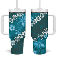 Vintage Dark Cyan Polynesia Tumbler With Handle Plumeria With Hibiscus Tropical Vibes LT14 One Size: 40 oz Dark Cyan - Polynesian Pride