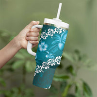 Vintage Dark Cyan Polynesia Tumbler With Handle Plumeria With Hibiscus Tropical Vibes LT14 - Polynesian Pride