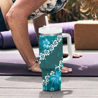 Vintage Dark Cyan Polynesia Tumbler With Handle Plumeria With Hibiscus Tropical Vibes LT14 - Polynesian Pride