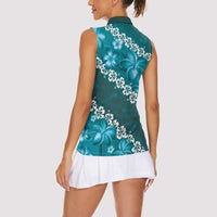 Vintage Dark Cyan Polynesia Women Sleeveless Polo Shirt Plumeria With Hibiscus Tropical Vibes