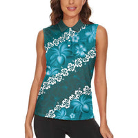 Vintage Dark Cyan Polynesia Women Sleeveless Polo Shirt Plumeria With Hibiscus Tropical Vibes