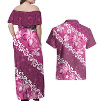 Vintage Pink Polynesia Couples Matching Off Shoulder Maxi Dress and Hawaiian Shirt Plumeria With Hibiscus Tropical Vibes