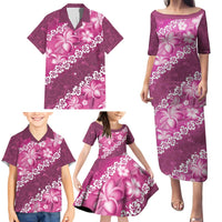 Vintage Pink Polynesia Family Matching Puletasi and Hawaiian Shirt Plumeria With Hibiscus Tropical Vibes