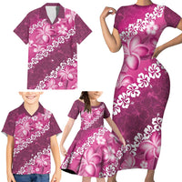 Vintage Pink Polynesia Family Matching Short Sleeve Bodycon Dress and Hawaiian Shirt Plumeria With Hibiscus Tropical Vibes