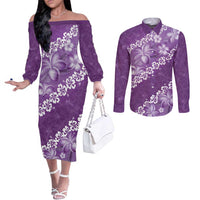Vintage Purple Polynesia Couples Matching Off The Shoulder Long Sleeve Dress and Long Sleeve Button Shirt Plumeria With Hibiscus Tropical Vibes