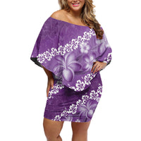 Vintage Purple Polynesia Off Shoulder Short Dress Plumeria With Hibiscus Tropical Vibes LT14 Women Purple - Polynesian Pride