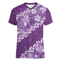 Vintage Purple Polynesia Women V-Neck T-Shirt Plumeria With Hibiscus Tropical Vibes