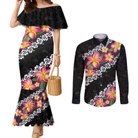 Black Polynesia Couples Matching Mermaid Dress and Long Sleeve Button Shirt Plumeria With Hibiscus Pattern Tropical Vibes LT14 Black - Polynesian Pride