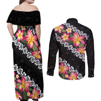 Black Polynesia Couples Matching Off Shoulder Maxi Dress and Long Sleeve Button Shirt Plumeria With Hibiscus Pattern Tropical Vibes LT14 - Polynesian Pride