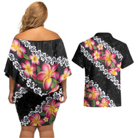 Black Polynesia Couples Matching Off Shoulder Short Dress and Hawaiian Shirt Plumeria With Hibiscus Pattern Tropical Vibes LT14 - Polynesian Pride