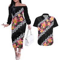 Black Polynesia Couples Matching Off The Shoulder Long Sleeve Dress and Hawaiian Shirt Plumeria With Hibiscus Pattern Tropical Vibes LT14 Black - Polynesian Pride