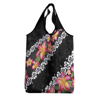 Black Polynesia Grocery Bag Plumeria With Hibiscus Pattern Tropical Vibes LT14 - Polynesian Pride
