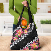 Black Polynesia Grocery Bag Plumeria With Hibiscus Pattern Tropical Vibes LT14 - Polynesian Pride