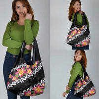 Black Polynesia Grocery Bag Plumeria With Hibiscus Pattern Tropical Vibes LT14 - Polynesian Pride