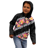 Black Polynesia Kid Hoodie Plumeria With Hibiscus Pattern Tropical Vibes