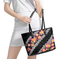 Black Polynesia Leather Tote Bag Plumeria With Hibiscus Pattern Tropical Vibes LT14 - Polynesian Pride