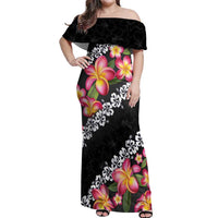 Black Polynesia Off Shoulder Maxi Dress Plumeria With Hibiscus Pattern Tropical Vibes LT14 Women Black - Polynesian Pride