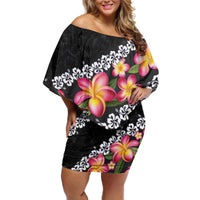 Black Polynesia Off Shoulder Short Dress Plumeria With Hibiscus Pattern Tropical Vibes LT14 Women Black - Polynesian Pride