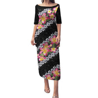 Black Polynesia Puletasi Plumeria With Hibiscus Pattern Tropical Vibes LT14 Long Dress Black - Polynesian Pride