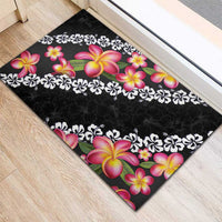 Black Polynesia Rubber Doormat Plumeria With Hibiscus Pattern Tropical Vibes LT14 - Polynesian Pride