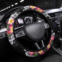 Black Polynesia Steering Wheel Cover Plumeria With Hibiscus Pattern Tropical Vibes LT14 Universal Fit Black - Polynesian Pride