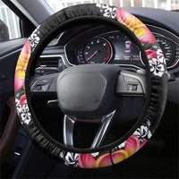Black Polynesia Steering Wheel Cover Plumeria With Hibiscus Pattern Tropical Vibes LT14 - Polynesian Pride