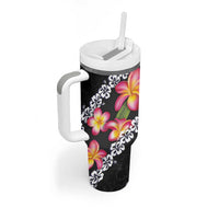 Black Polynesia Tumbler With Handle Plumeria With Hibiscus Pattern Tropical Vibes LT14 - Polynesian Pride