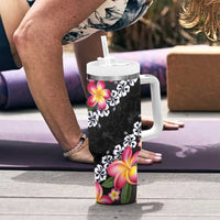 Black Polynesia Tumbler With Handle Plumeria With Hibiscus Pattern Tropical Vibes LT14 - Polynesian Pride