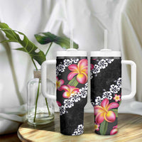 Black Polynesia Tumbler With Handle Plumeria With Hibiscus Pattern Tropical Vibes LT14 - Polynesian Pride