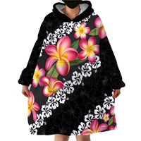 Black Polynesia Wearable Blanket Hoodie Plumeria With Hibiscus Pattern Tropical Vibes LT14 - Polynesian Pride
