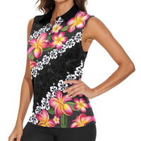Black Polynesia Women Sleeveless Polo Shirt Plumeria With Hibiscus Pattern Tropical Vibes