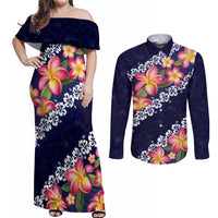 Blue Polynesia Couples Matching Off Shoulder Maxi Dress and Long Sleeve Button Shirt Plumeria With Hibiscus Pattern Tropical Vibes LT14 Blue - Polynesian Pride