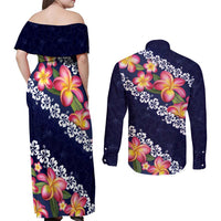 Blue Polynesia Couples Matching Off Shoulder Maxi Dress and Long Sleeve Button Shirt Plumeria With Hibiscus Pattern Tropical Vibes LT14 - Polynesian Pride